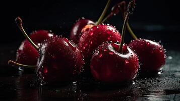 Kirsche Früchte schlagen durch spritzt von Wasser mit schwarz Hintergrund und verwischen, ai generativ foto