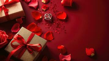 Valentinstag Tag Banner Design von ein Sammlung von Geschenk Box und rot Blumen auf rot Hintergrund, ai generativ foto