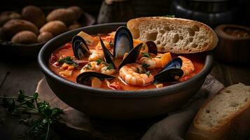 Cioppino Suppe mit Muschel Fleisch auf ein schwarz Teller und verwischen Hintergrund, ai generativ foto