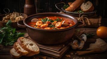 Cioppino Suppe mit Muschel Fleisch auf ein schwarz Teller und verwischen Hintergrund, ai generativ foto