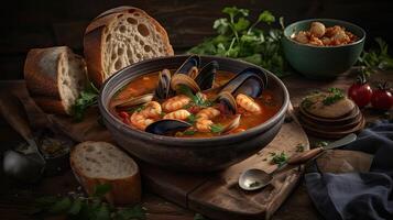 Cioppino Suppe mit Muschel Fleisch auf ein schwarz Teller und verwischen Hintergrund, ai generativ foto