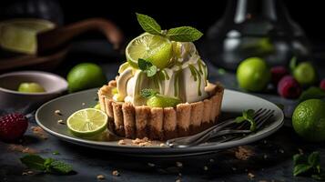 schließen oben Süss Limette Kuchen mit geschnitten Limette Obst verwischen Hintergrund, ai generativ foto