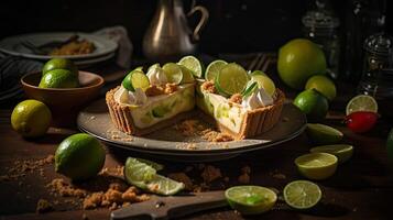 Limette Kuchen mit geschnitten Limette Obst verwischen Hintergrund, ai generativ foto