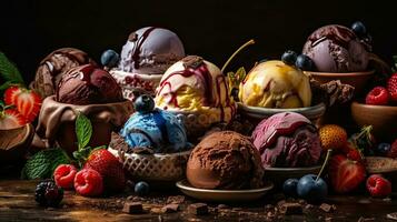 Süss Eis Sahne von verschiedene Farben und gefüllt mit Frucht, Sahne und Schokolade Sträusel, ai generativ foto