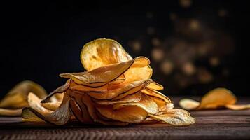 Kartoffel Chips mit ein Prise von Bohnenkraut salzig Gewürze auf ein hölzern Tabelle mit ein verschwommen Hintergrund, ai generativ foto