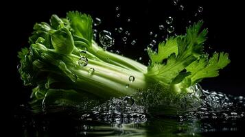Sellerie Gemüse schlagen durch spritzt von Wasser mit schwarz verwischen Hintergrund, ai generativ foto
