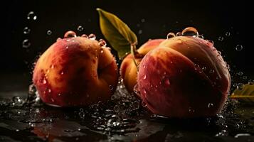 frisch Pfirsich schlagen durch spritzt von Wasser mit schwarz verwischen Hintergrund, ai generativ foto