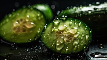 Gurke schlagen durch spritzt von Wasser mit schwarz verwischen Hintergrund, ai generativ foto