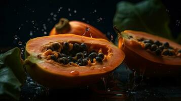 frisch Papaya schlagen durch spritzt von Wasser mit schwarz verwischen Hintergrund, ai generativ foto