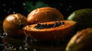 Papaya schlagen durch spritzt von Wasser mit schwarz verwischen Hintergrund, ai generativ foto