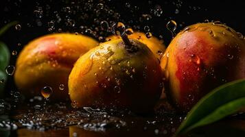 frisch Mango schlagen durch spritzt von Wasser mit schwarz verwischen Hintergrund, ai generativ foto