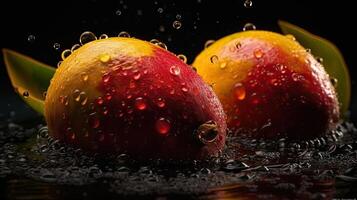 frisch Mango schlagen durch spritzt von Wasser mit schwarz verwischen Hintergrund, ai generativ foto