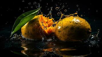 frisch Mango schlagen durch spritzt von Wasser mit schwarz verwischen Hintergrund, ai generativ foto
