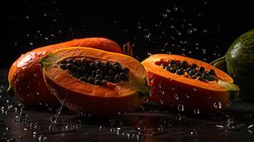 frisch Papaya schlagen durch spritzt von Wasser mit schwarz verwischen Hintergrund, ai generativ foto