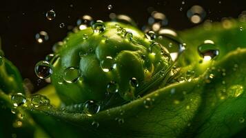Grün Erbse schlagen durch spritzt von Wasser mit schwarz verwischen Hintergrund, ai generativ foto