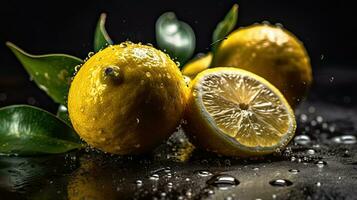 frisch Zitrone schlagen durch spritzt von Wasser mit schwarz verwischen Hintergrund, ai generativ foto