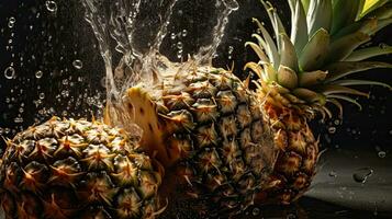 Ananas schlagen durch spritzt von Wasser mit schwarz verwischen Hintergrund, ai generativ foto