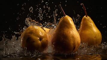 Birne Früchte schlagen durch spritzt von Wasser mit schwarz verwischen Hintergrund, ai generativ foto