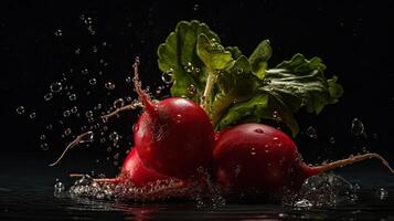 frisch Rettich mit Grün Blatt schlagen durch spritzt von Wasser mit schwarz verwischen Hintergrund, ai generativ foto