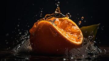 Nahansicht von geschnitten Orange Obst schlagen durch spritzt von Wasser mit schwarz verwischen Hintergrund, ai generativ foto