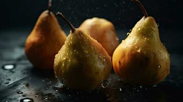 Nahansicht von Birne Früchte schlagen durch spritzt von Wasser mit schwarz verwischen Hintergrund, ai generativ foto