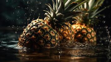 Ananas schlagen durch spritzt von Wasser mit schwarz verwischen Hintergrund, ai generativ foto