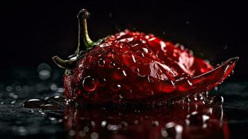 Nahansicht rot Chili schlagen durch spritzt von Wasser mit schwarz verwischen Hintergrund, ai generativ foto