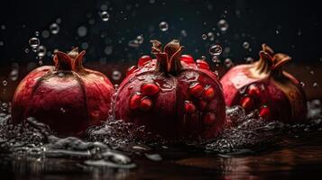 frisch Granatapfel schlagen durch spritzt von Wasser mit schwarz verwischen Hintergrund, ai generativ foto