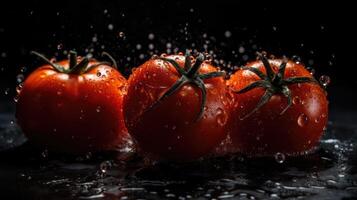 Nahansicht von Tomate schlagen durch spritzt von Wasser mit schwarz verwischen Hintergrund, ai generativ foto