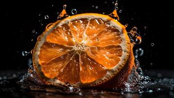 Nahansicht von geschnitten Orange Obst schlagen durch spritzt von Wasser mit schwarz verwischen Hintergrund, ai generativ foto