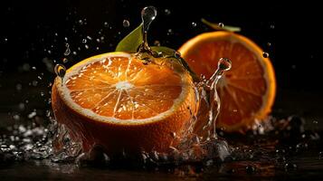 Nahansicht von geschnitten Orange Obst schlagen durch spritzt von Wasser mit schwarz verwischen Hintergrund, ai generativ foto