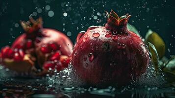 Nahansicht Granatapfel schlagen durch spritzt von Wasser mit schwarz verwischen Hintergrund, ai generativ foto