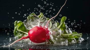 frisch Rettich mit Grün Blatt schlagen durch spritzt von Wasser mit schwarz verwischen Hintergrund, ai generativ foto