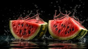 Wassermelone schlagen durch spritzt von Wasser mit schwarz verwischen Hintergrund, ai generativ foto