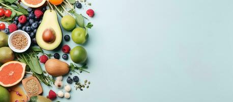 Foto von ein bunt Sortiment von Früchte und Gemüse auf ein beschwingt Blau Hintergrund mit Kopieren Raum