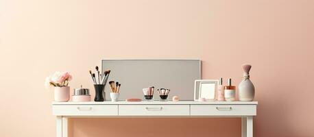Foto von ein schön dekoriert Schreibtisch mit ein Spiegel und elegant Zubehör mit Kopieren Raum