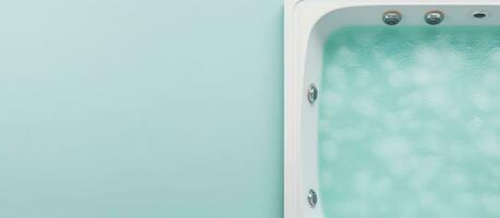 Foto von ein Weiß Badewanne gegen ein beschwingt Blau Mauer mit viel von Zimmer zum Kreativität mit Kopieren Raum