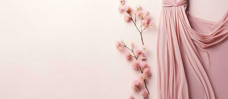 Foto von ein Rosa Kleid hängend auf ein Mauer Nächster zu ein Blume mit Kopieren Raum