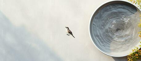 Foto von ein Vogel thront auf das Rand von ein Schüssel mit Kopieren Raum