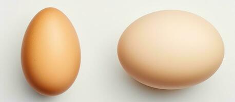 Foto von ein Ei und es ist geknackt Schale auf ein sauber Weiß Hintergrund mit Kopieren Raum