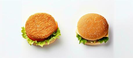 Foto von zwei köstlich Hamburger mit frisch Grüner Salat und saftig Tomaten auf ein Teller mit Kopieren Raum