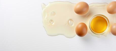 Foto von Eier und ein Tasse von Milch auf ein Weiß Hintergrund mit Kopieren Raum