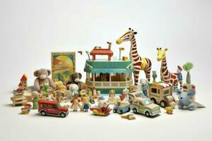 Spielzeuge Sammlung isoliert auf Weiß Hintergrund, ai generativ foto