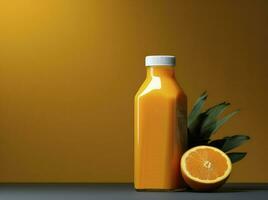 Orange Saft trinken Flasche Attrappe, Lehrmodell, Simulation im 3d Illustration auf Orange Hintergrund, generativ ai foto