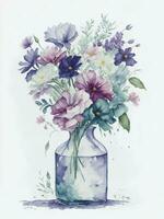 Blumen Aquarell malen, Glas Krug mit Wildblumen und Blatt, Blumen- Clip Kunst, isoliert auf Weiss, generativ ai foto