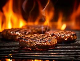 ai generativ Nahansicht Detail von Rindfleisch Fleisch Steaks Kochen auf Grill von Grill foto