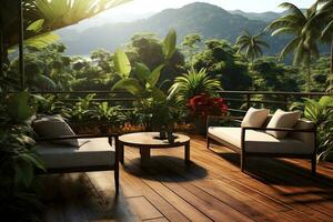 ai generativ draussen Terrasse Sitzplätze Bereich von Luxus foto