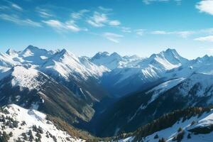 ai generativ Panorama- Aussicht über Schnee bedeckt alpin Berg Angebot im Alpen auf Blau Himmel Hintergrund foto