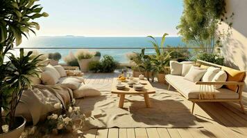ai generativ Terrasse Möbel von ein Luxus Wohnung im tropisch Resort mit Möbel und Meer Aussicht von Balkon foto