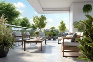 ai generativ Terrasse Möbel von ein Luxus Wohnung im tropisch Resort mit Plastik Essen Tabelle Möbel foto